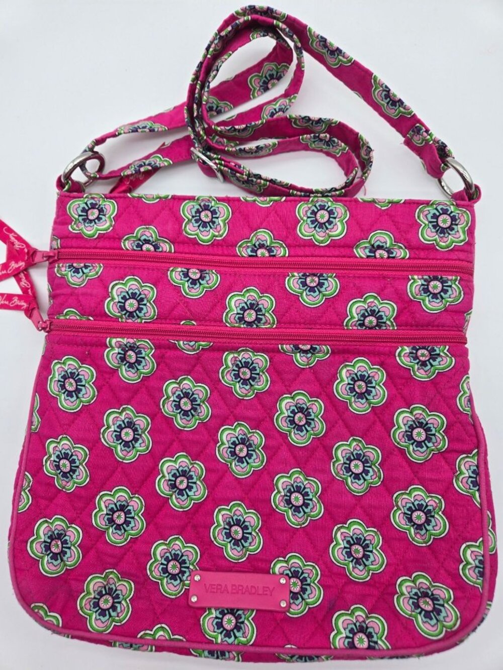 Vera Bradley Pink Floral Triple Zip Hipster Crossbody Bag Large EUC